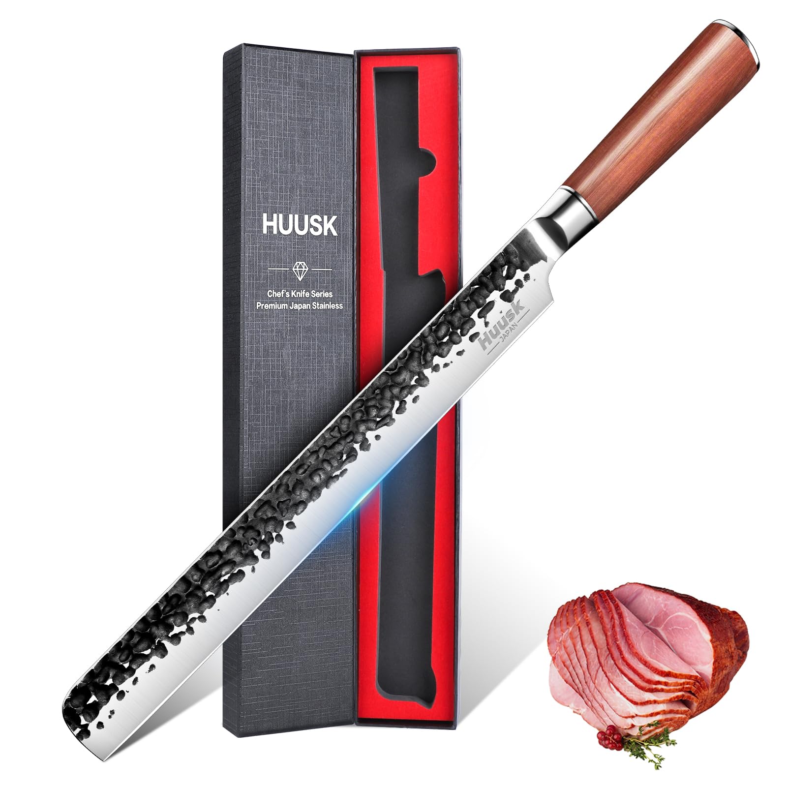 Huusk Brisket Slicing Knife 12", Hand-forged Carving Knife for Meat Cutting, High Carbon Steel Brisket Trimming Knife, Japanese Meat Slicing Knife for Turkey BBQ, Gift for Dad Mom