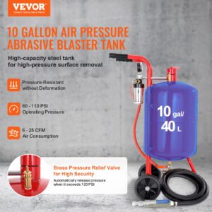 VEVOR Sand Blaster, 10 Gallon Pot Sandblaster, 60-110 PSI Pressure Sand Blasting Kit with 4 Ceramic Nozzles & 8ft Hose, Ideal for Paint, Stain, Rust Removal