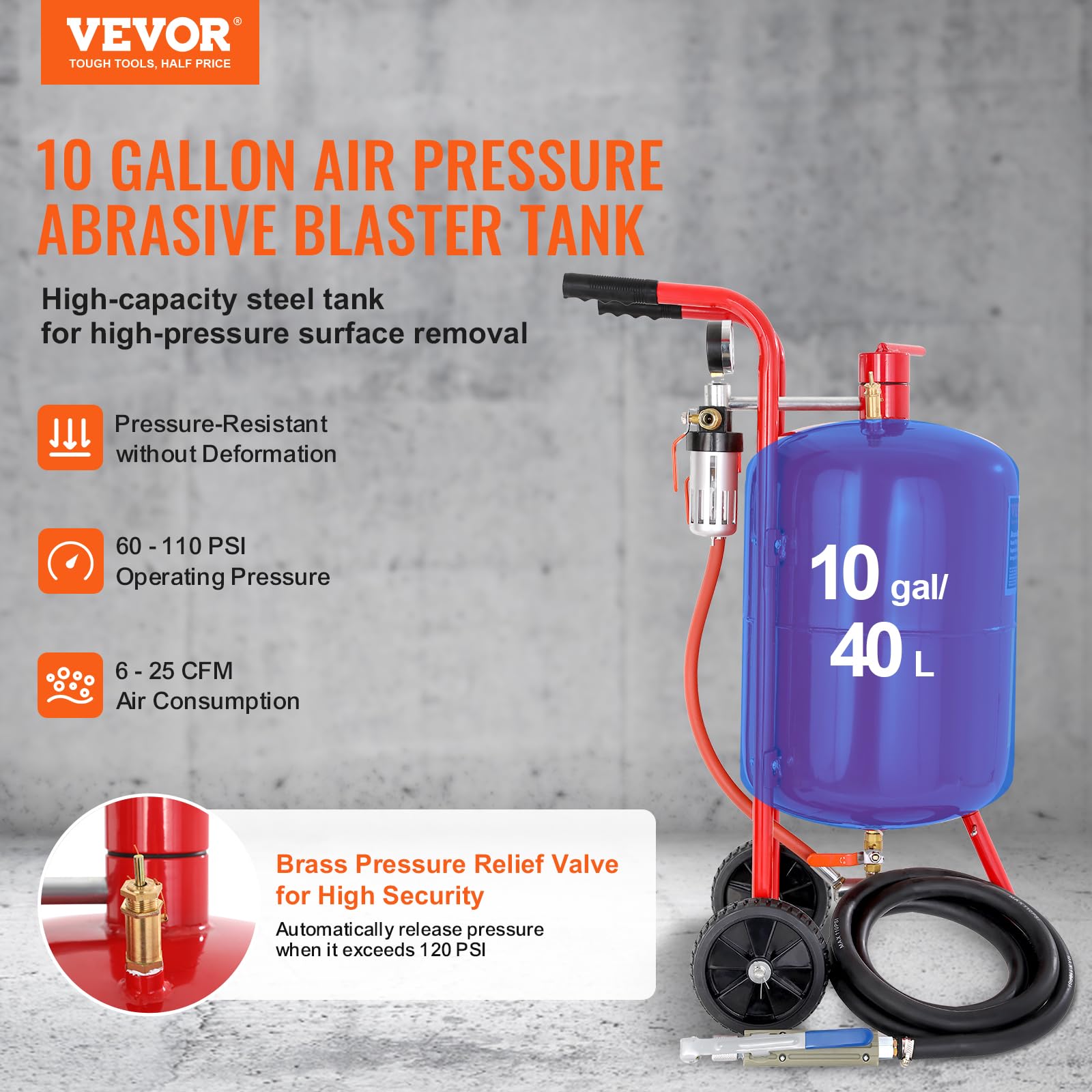 VEVOR Sand Blaster, 10 Gallon Pot Sandblaster, 60-110 PSI Pressure Sand Blasting Kit with 4 Ceramic Nozzles & 8ft Hose, Ideal for Paint, Stain, Rust Removal