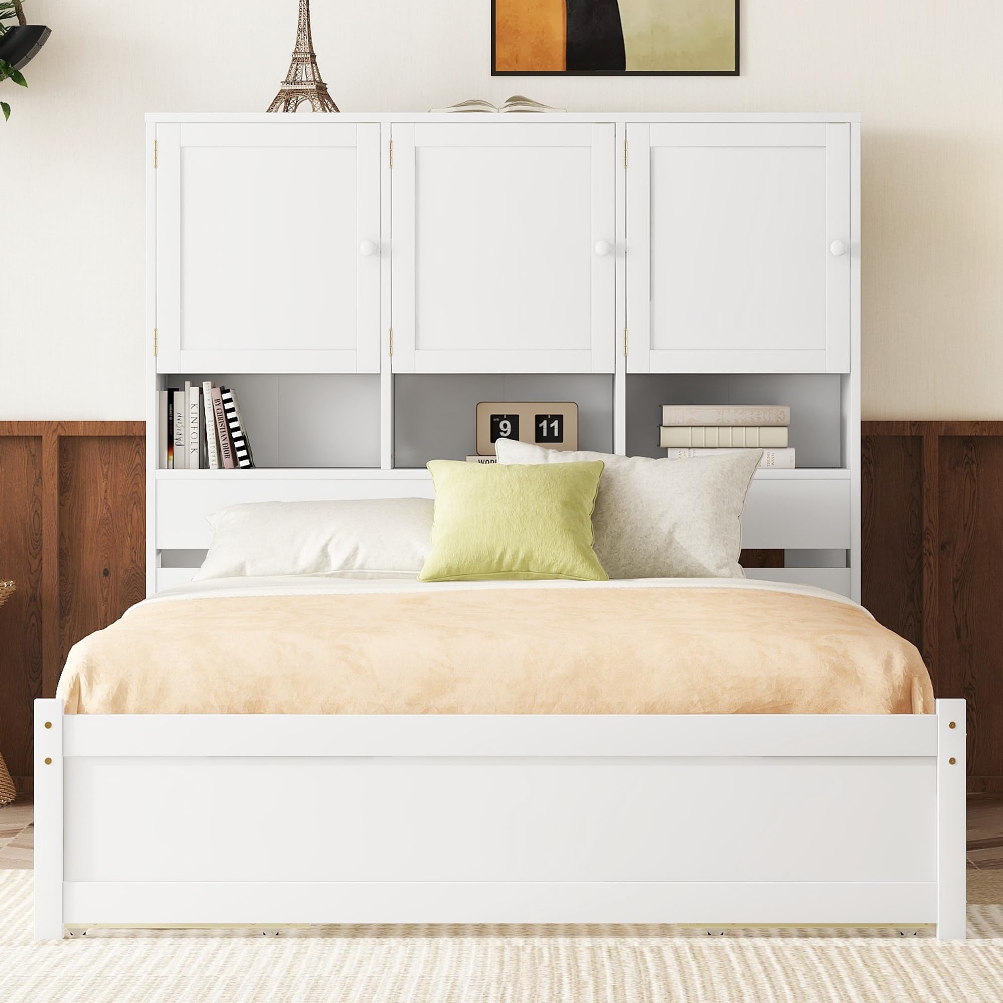 GM Ultra Queen Size Bed Frame with Storage Headboard, Bed Frame Queen Size with 4 Storage Drawers Cabinet, Platform Bed Frame Queen Size with Cabinet, No Box Spring Needed, Easy Assembly, White