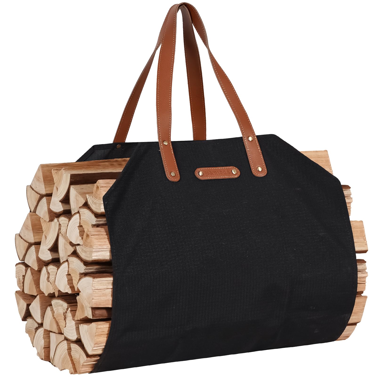 Permade Firewood Carrier with Real Leather Handles, Log Carrier for Firewood Canvas, 38.4x17.3inch Wood Carrier for Fireplace, Water Resistant Firewood Tote Bag, Stove, Outdoor Camping - Black