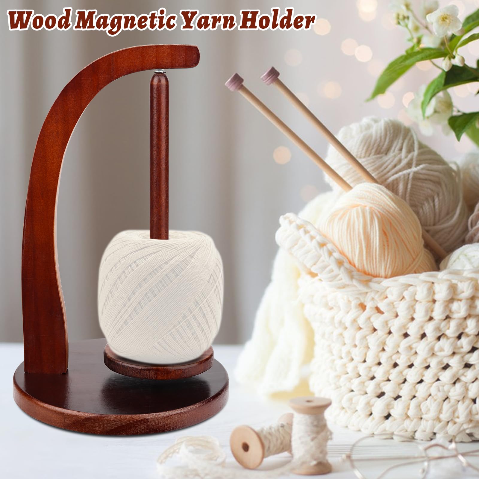 Yarn Holder for Knitting and Crocheting, Wooden Yarn Spinner Crochet Gift for Knitting Lovers, Yarn Spindle with Magnetic Twirling Components