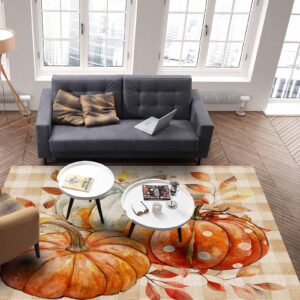 Lsrtoss Rectangular Area Rug for Living Room, Bedroom, Orange White Pumpkins Fall Non-Slip Residential Carpet, Kitchen Rugs, Maple Leaf Harvest Plaid Floor Mat with Rubber Backing 2'7" x 5'