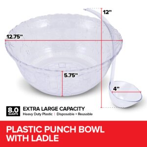 Stock Your Home Premium Plastic Punch Bowl with Ladle, Fancy Disposable Punch Bowls for Parties, Holidays, Schools, Halloween, and More, Quality Glass Like Appearance, Large Punch Bowl with Ladle Set