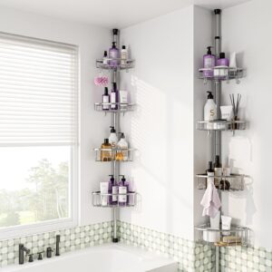 Corner Shower Caddy Tension Pole: Stainless Steel Rustproof 4-Tier Shower Organizer - 47-121 inch Adjustable Bathroom Shelves for Bathtub Shampoo Storage - Tension Rod Floor Standing Bath Rack -Sliver