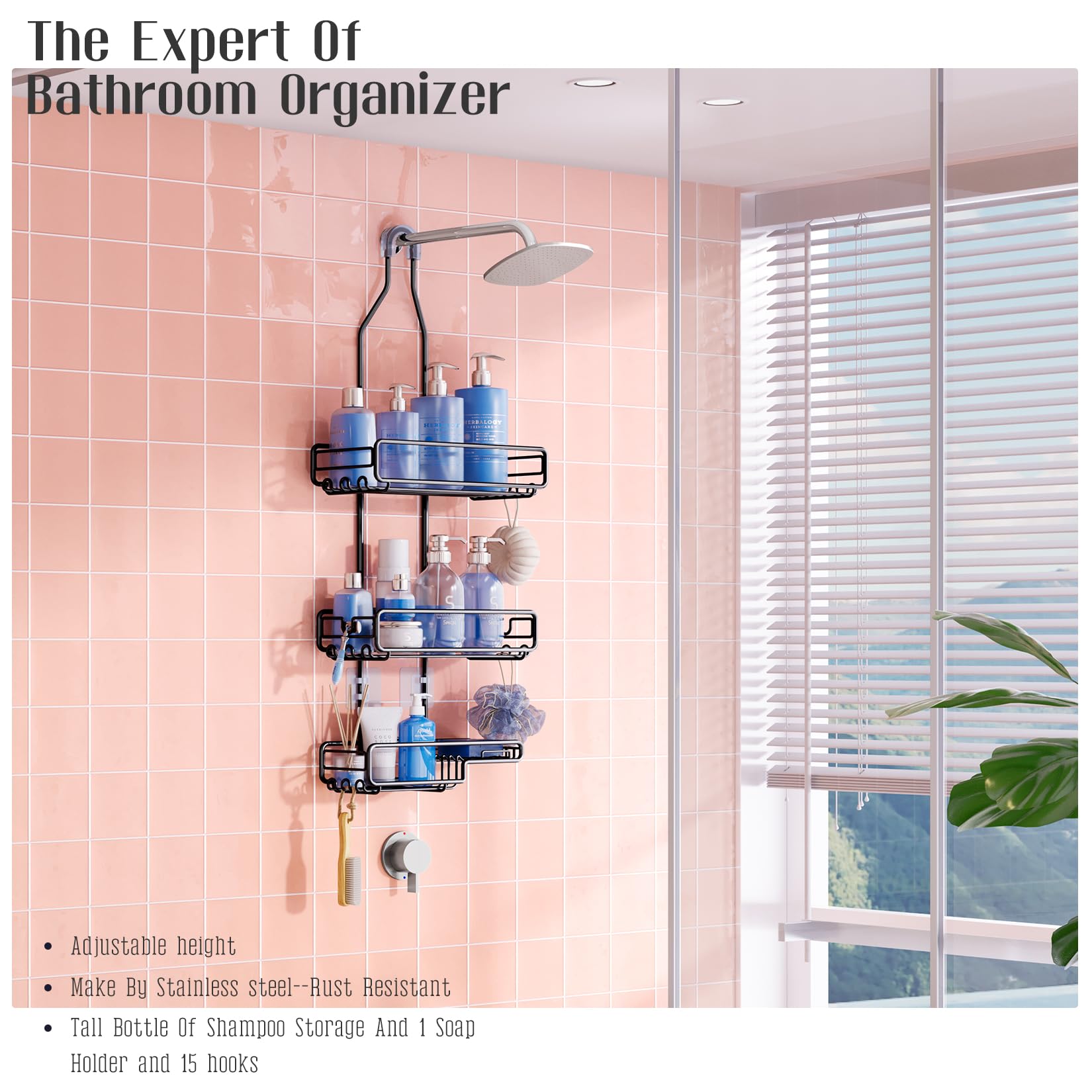 Shower Caddy Hanging Bathroom Organizer: Over Head Adjustable Rack for Tall Showerhead - Extra Large Storage Shelf for Big Shampoo Bottles with Soap Holder