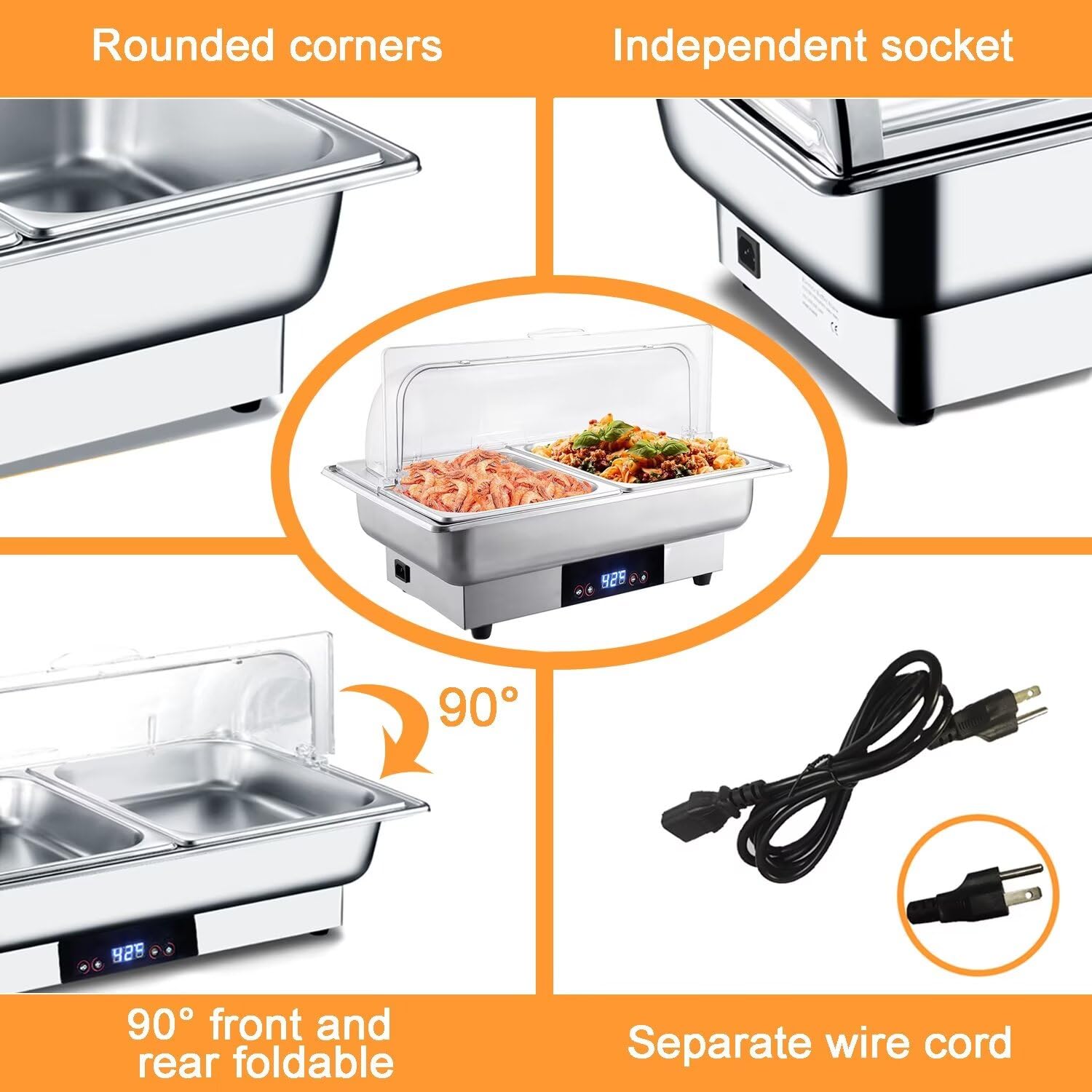 Electric Chafing Dish for Buffet Set 12QT Large Food Warmers 600W with Clear Roll Top and Temperature Control Touch Display Half Size Stainless Removable Pans for Parties Restaurants Entertaining