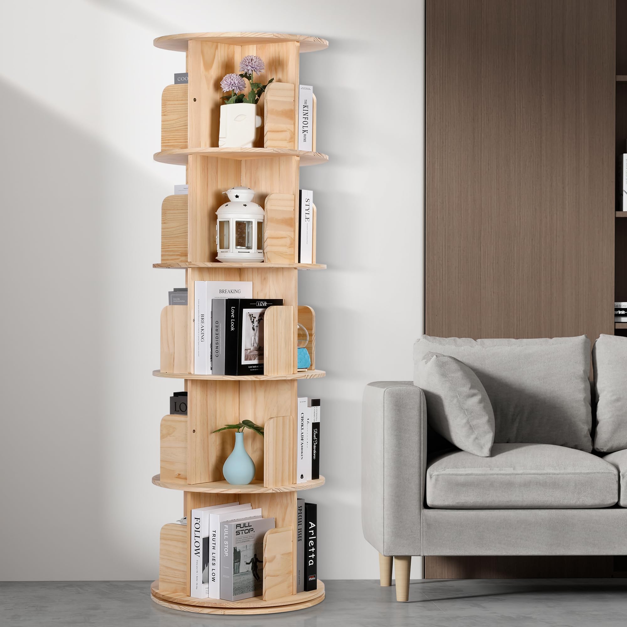 Rengue Rotating Bookshelf Tower, 5 Tiers Floor Standing Bookcase Storage Rack, 360 Display Round Spinning Bookshelf with Detachable Feet for Small Space, Bedroom, Living Room, Office