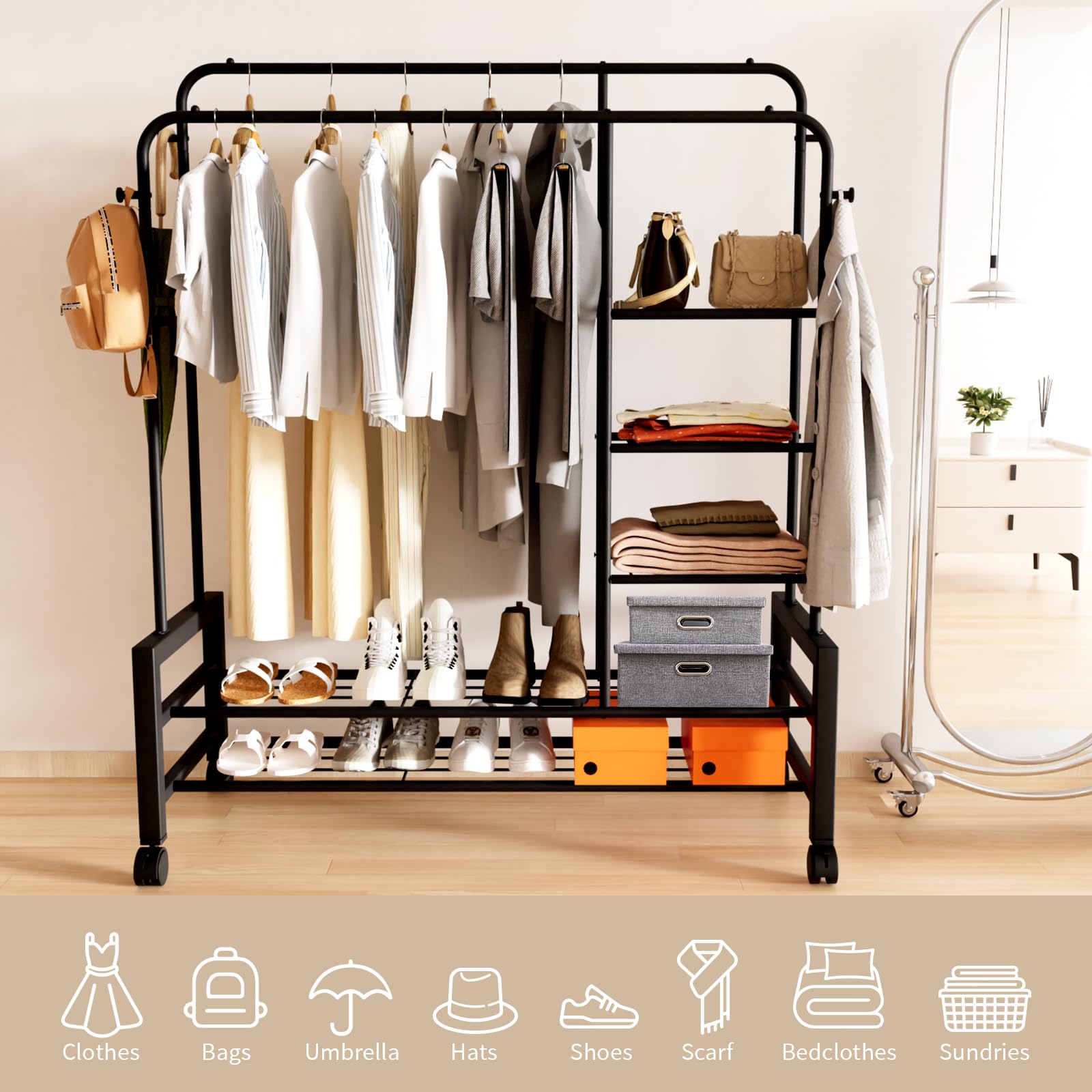 S&R PLKOP Double Rods Mobile Clothing Rack Heavy Duty Garment Rack for Hanging Clothes, 4 Side Hooks, Black, Clothes Racks for Hanging Clothes Multifunctional Bedroom Storage