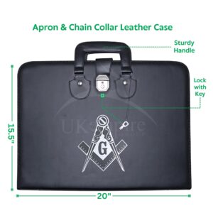 UK EMPIRE GROUP Masonic Apron & Chain Collar Case Leather Master Mason (Printed) MM, Provincial Size – Freemason Carrying Bags (Silver Emblem)