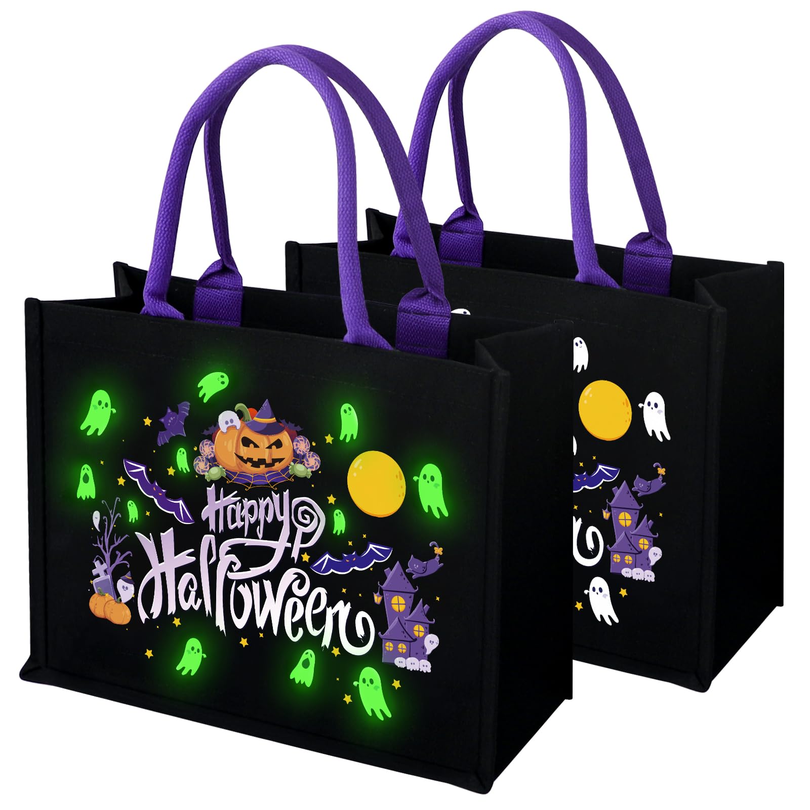 ERTIUANIO 14'' Halloween Trick or Treat Bags, Glow in The Dark Halloween Candy Tote Bag with Handle, Canvas Halloween Tote Bag, Reusable Halloween Bags for Trick or Treating, Halloween Party (2PCS