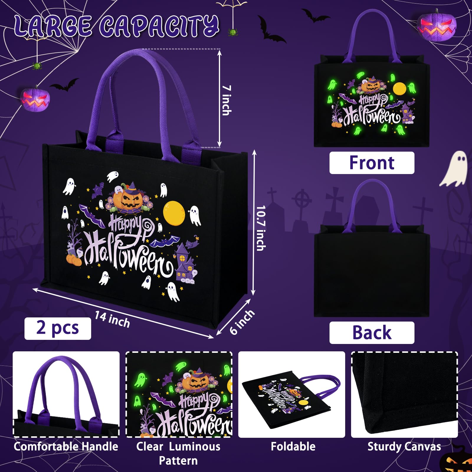 ERTIUANIO 14'' Halloween Trick or Treat Bags, Glow in The Dark Halloween Candy Tote Bag with Handle, Canvas Halloween Tote Bag, Reusable Halloween Bags for Trick or Treating, Halloween Party (2PCS