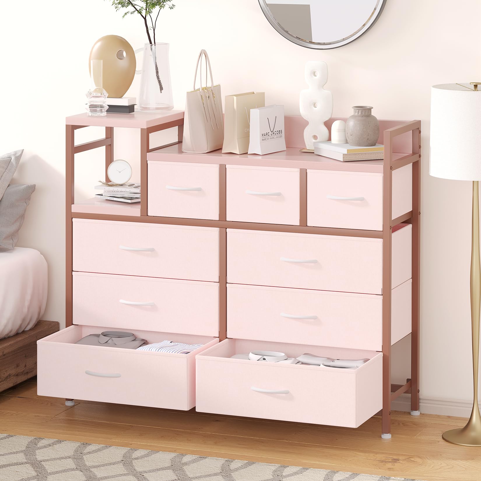 GarveeHome Dresser for Bedroom with 9 Drawer, Tv Stand with Charging Station, Fabric Chest of Drawers for Bedroom Dresser for Modern Design, Pink