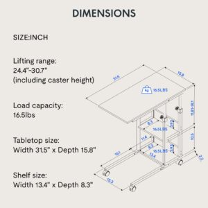 FLEXISPOT Adjustable C Table with Wheels, Mobile Snack Side End Table Sofa Couch Bedside Table Laptop Rolling Cart TV Tray Night Stand with Storage Shelves for Small Space Side Table,Rustic Brown