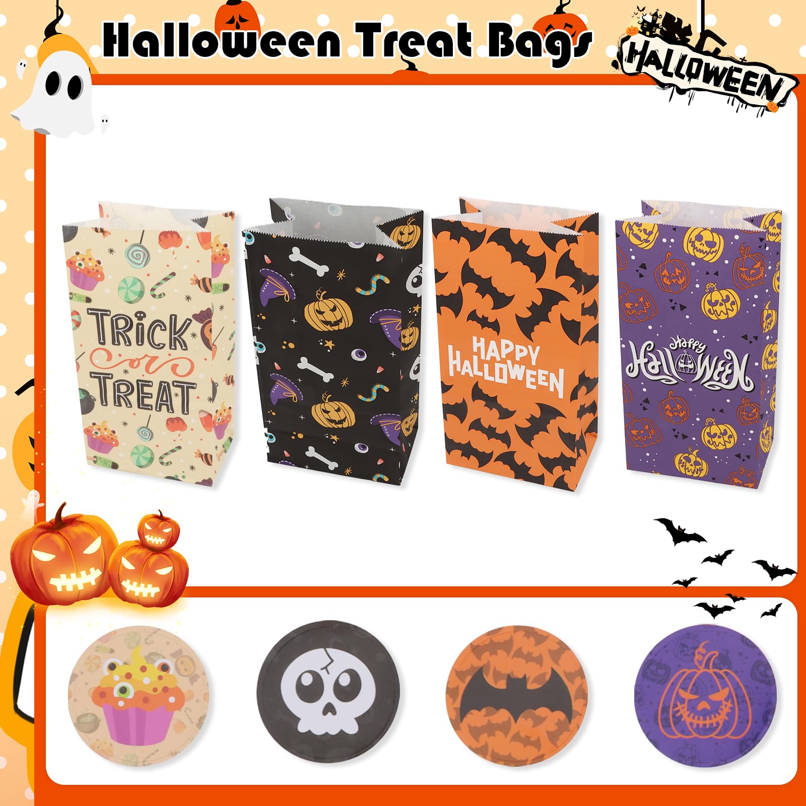 Semato Halloween Treat Bags, 24 Pcs Paper Halloween Goodie Bags Trick or Treat Gift Bags Bulk Halloween Candy Bags for Kids Halloween Bags Party Favors