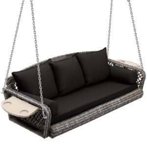 wicker porch swings outdoor 3 person swing bench hanging porch swing chair with cushion and pillow for ouside garden, yard, lawn (black)