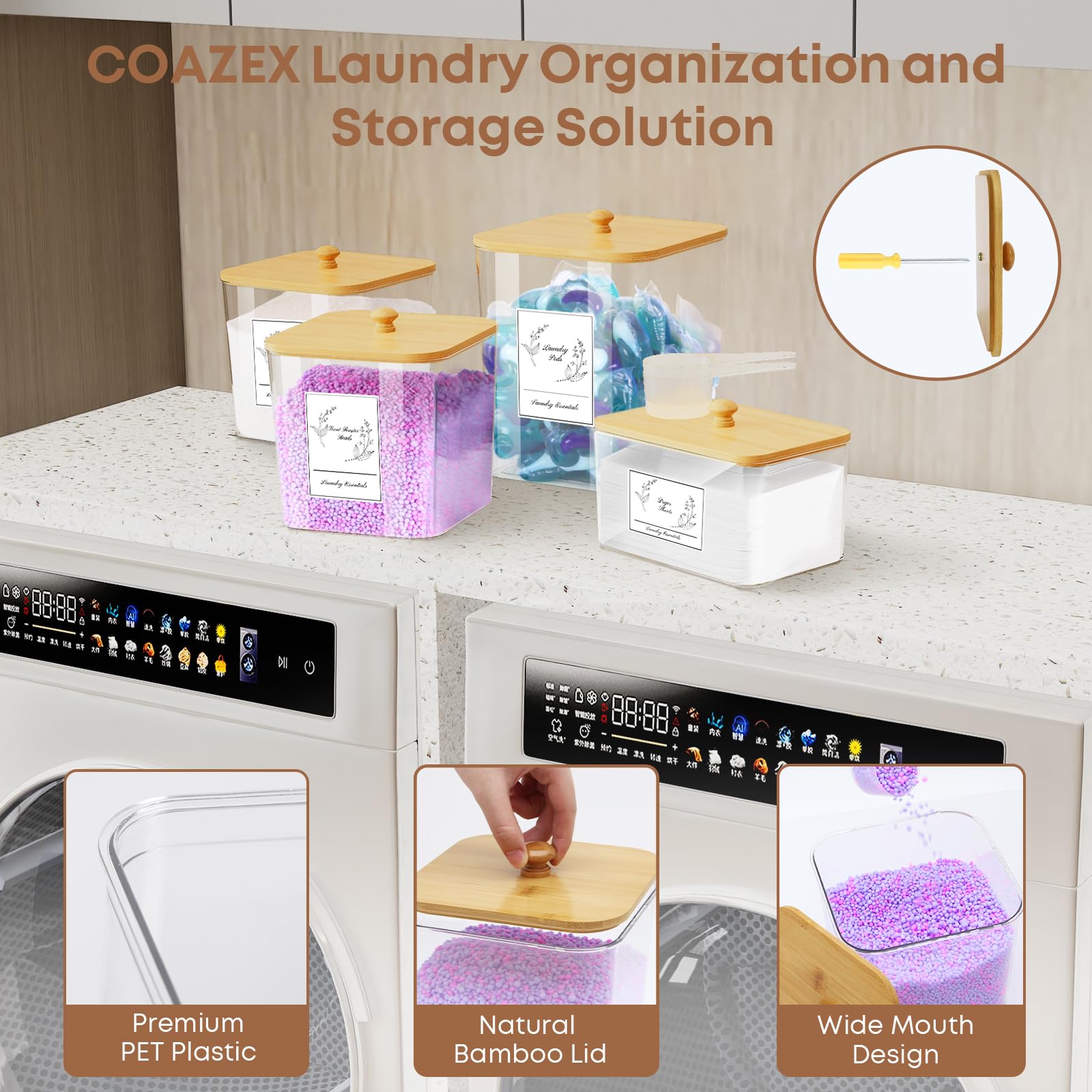 COAZEX 4 Pack Clear Laundry Pods Container & Dryer Sheet Holder, Plastic Square Laundry Room Organization and Storage Jars with Lids, Scoops & Labels for Detergent, Powder, Dryer Balls, Beads