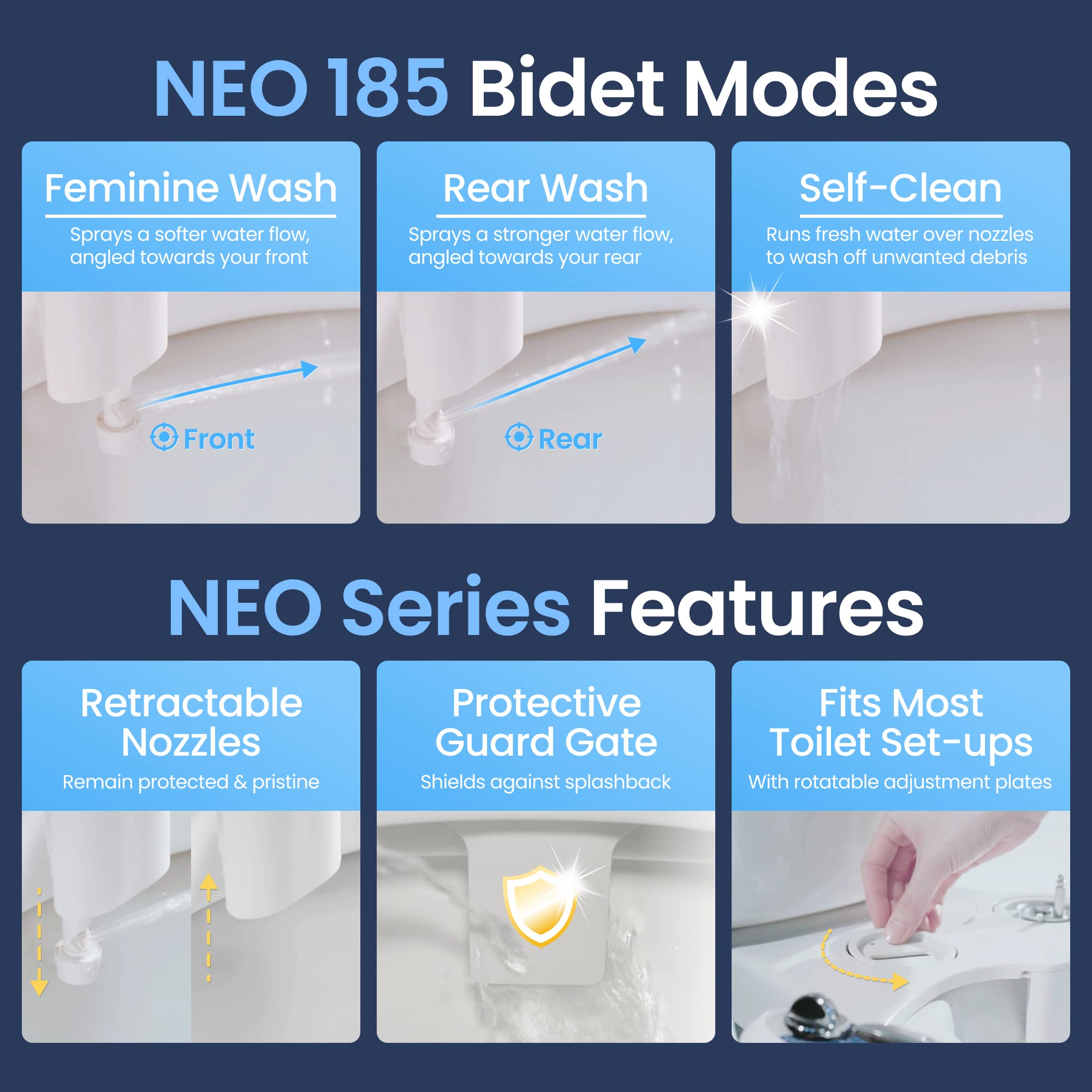 LUXE Bidet NEO 185 White, Toilet Seat Bumpers and Shut-Off Valve T-Adapter Bundle