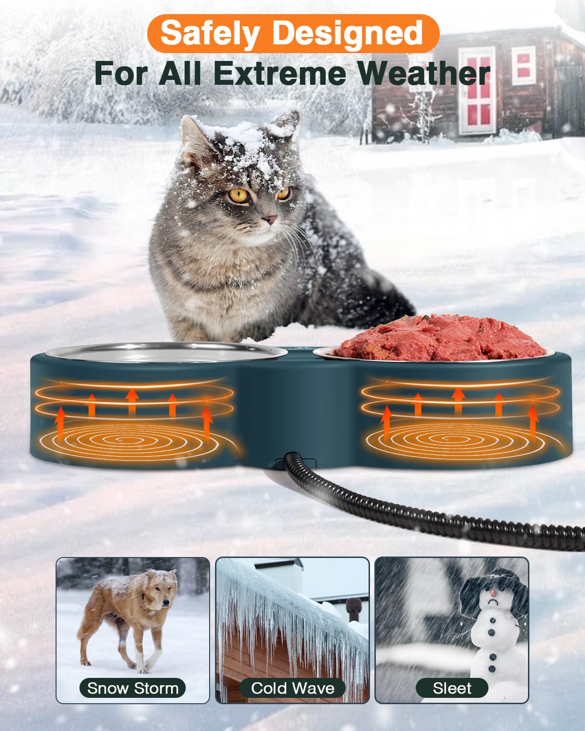 Clawsable Heated Water Bowl for Outdoor Cats with Removable Stainless Bowls, Coldproof & BPA Free, Waterproof Heated Pet Bowl Heater for Chickens Rabbit, Heated Bird Bath for Winter (27 oz)