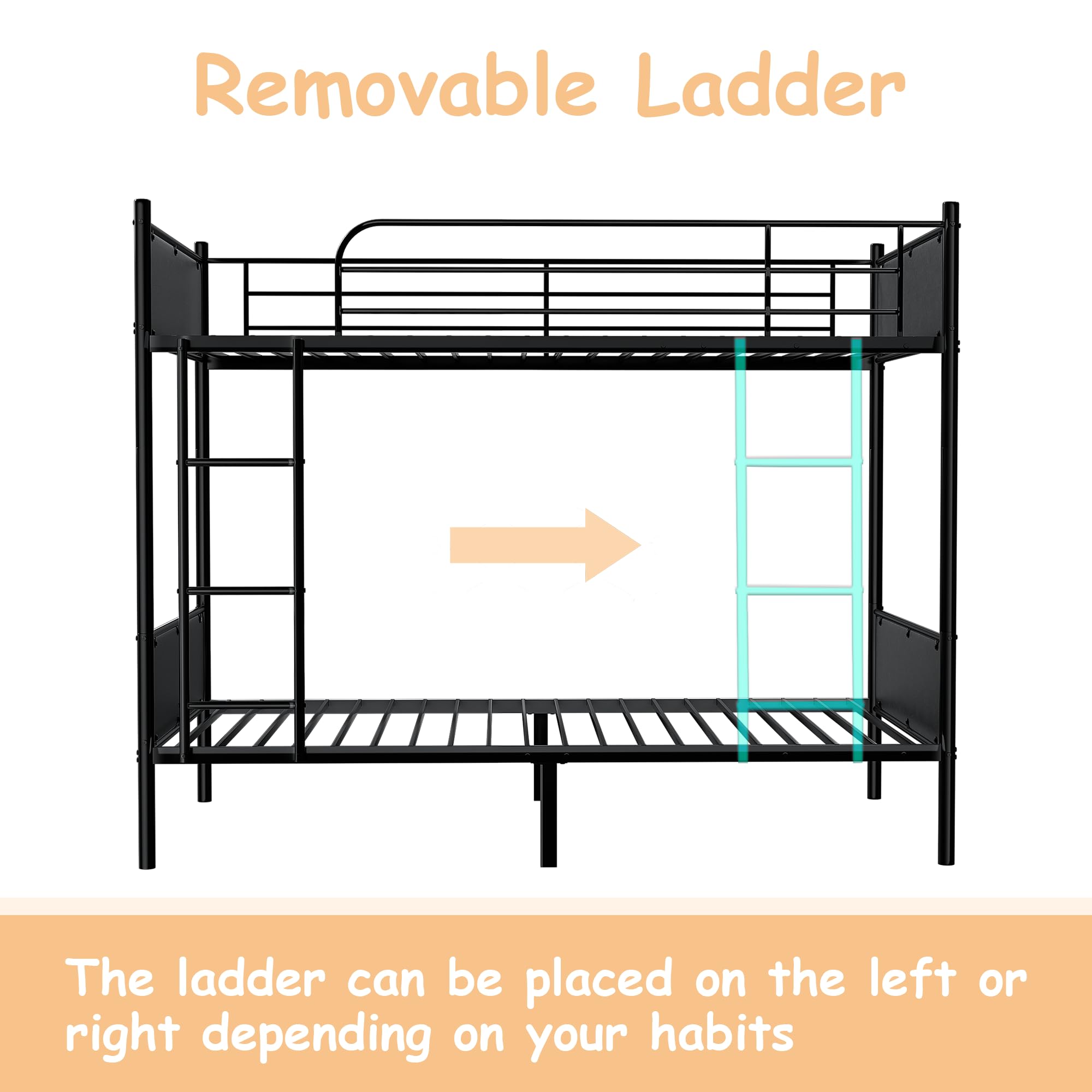 Whalefall Metal Bunk Bed Twin Over Twin, Convertible Into 2 Individual Twin Bunk Beds for Kids Adults, Twin Size Bed with Removable Ladder & Upholstered Headboard, Space-Saving, Easy Assembly(Black)