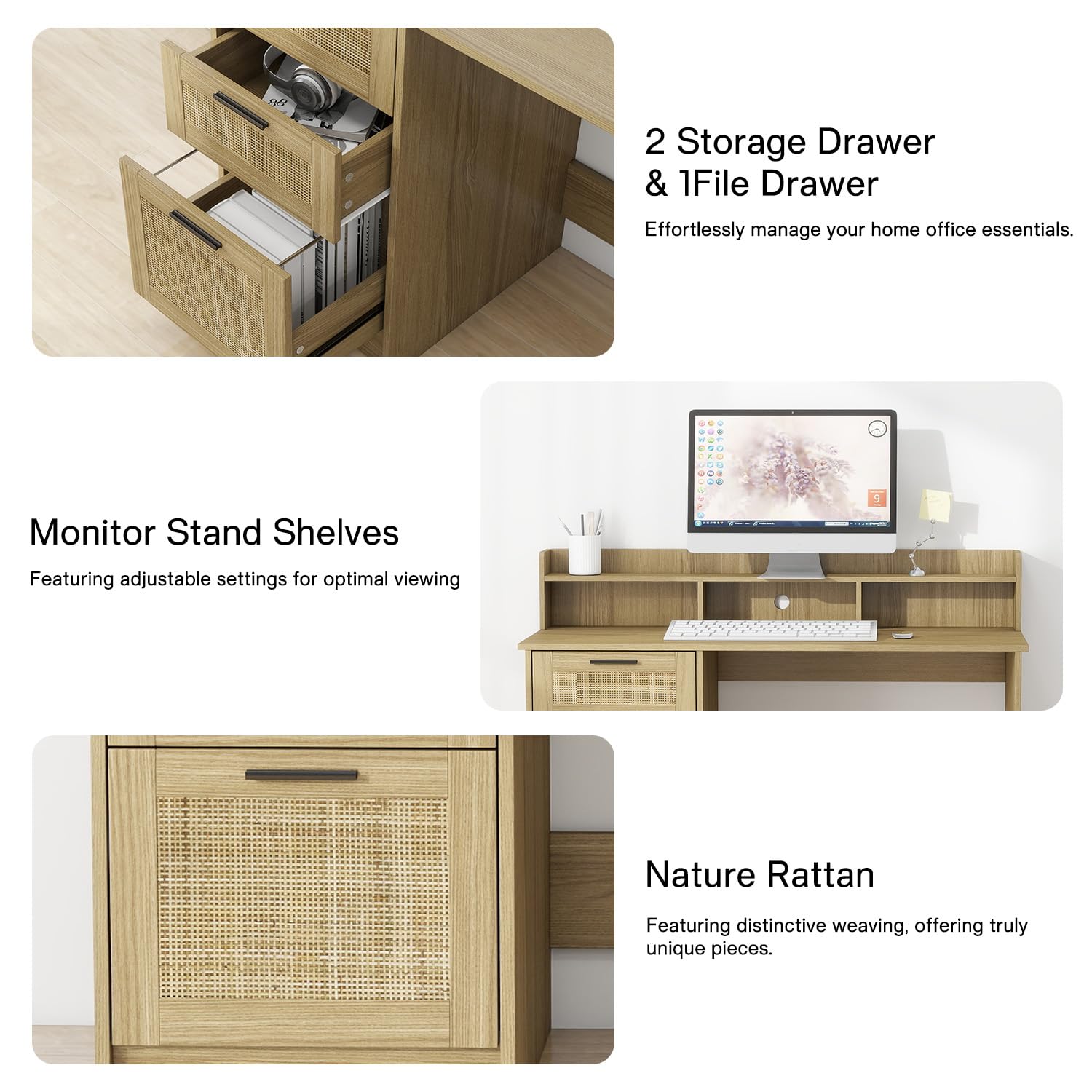 FUNKOCO Computer Desk with Rattan Drawers and Hutch Shelf - 47 Inch Home Office Writing Desk with Storage File Drawer & Monitor Stand, Modern Wood PC Laptop Workstation Computer Table