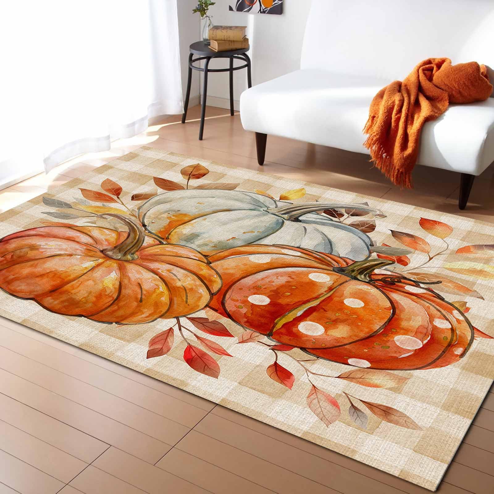 Lsrtoss Rectangular Area Rug for Living Room, Bedroom, Orange White Pumpkins Fall Non-Slip Residential Carpet, Kitchen Rugs, Maple Leaf Harvest Plaid Floor Mat with Rubber Backing 2'7" x 5'