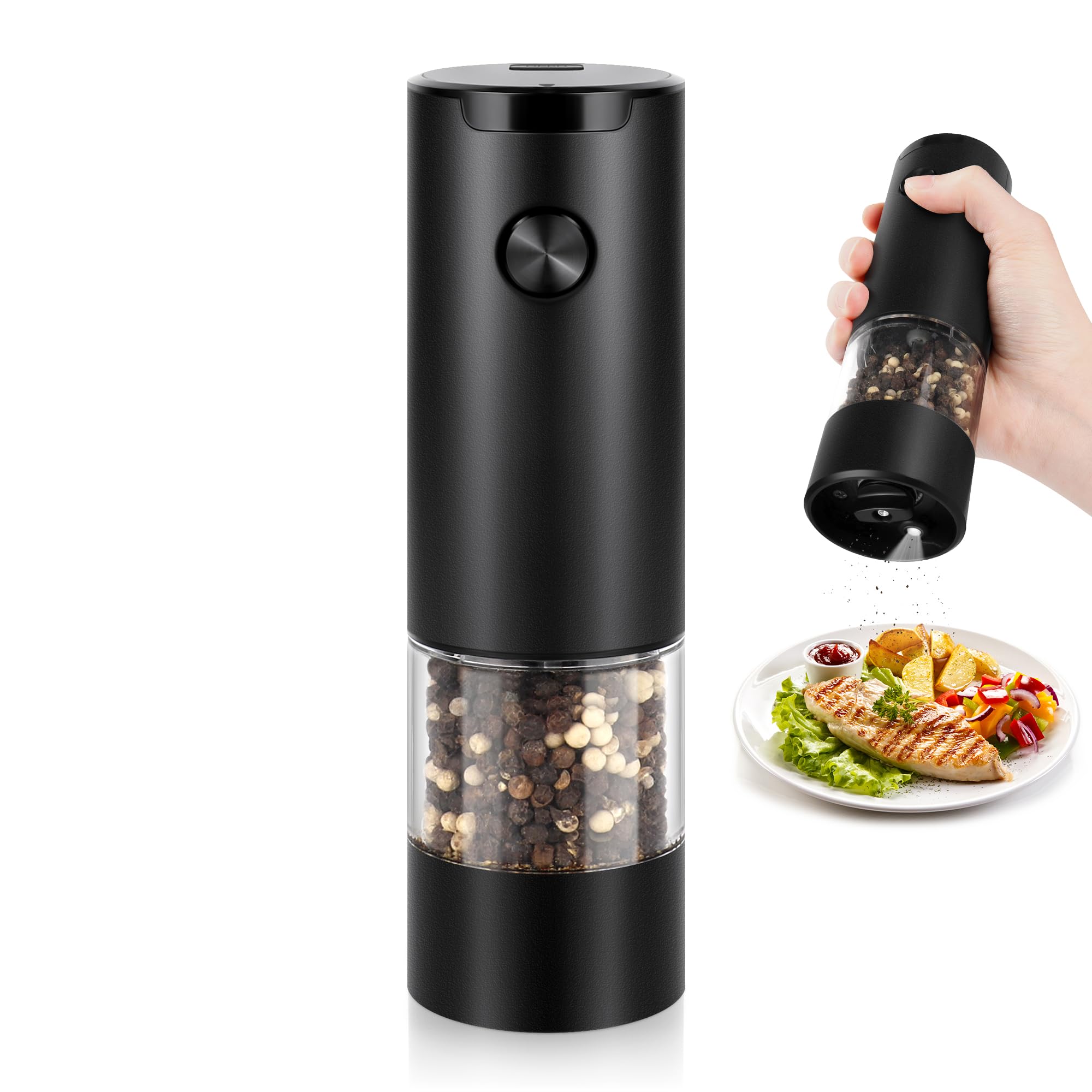 Electric Pepper Grinder or Salt Mill, Battery Powered Automatic Pepper Mill, Ceramic Grinder with Adjustable Coarseness, LED Light, and Salt Mill Refillable, One Hand Operation