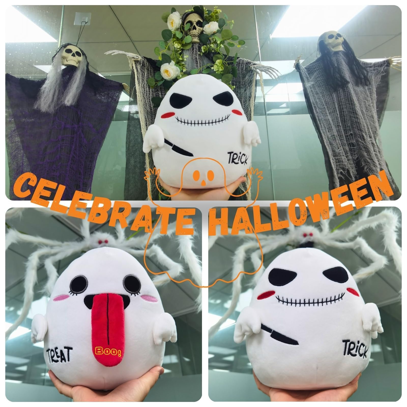 GSJNG Double Sided Halloween Ghost Plush - 9.4 inches Trick or Treat Spooky Stuffed Animal Plush Ghost Pillow Halloween with Themed Packaging, Ideal for Halloween Lovers, Kids, and Adults Alike