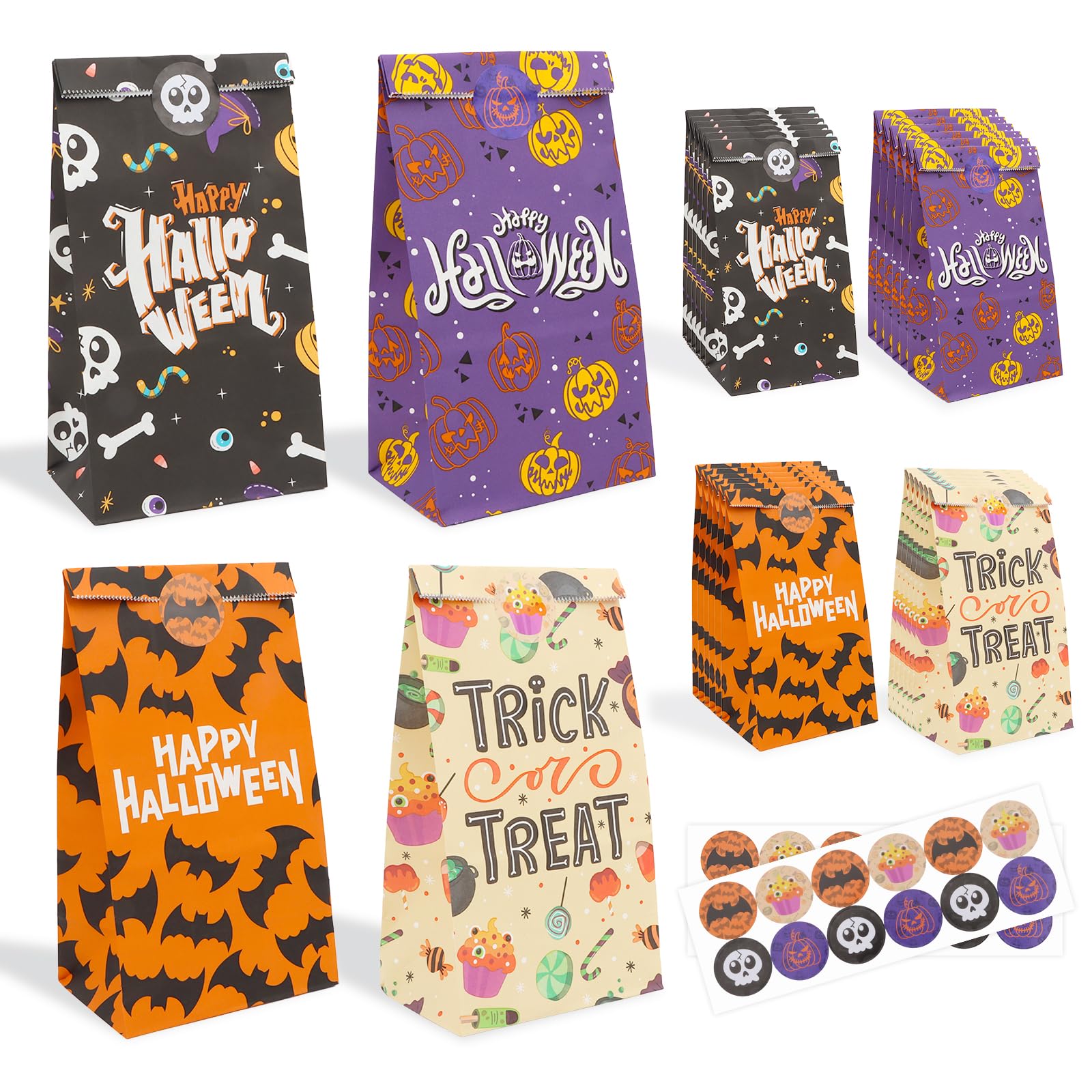 Semato Halloween Treat Bags, 24 Pcs Paper Halloween Goodie Bags Trick or Treat Gift Bags Bulk Halloween Candy Bags for Kids Halloween Bags Party Favors