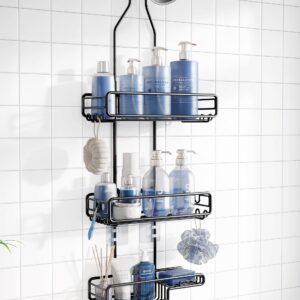 Shower Caddy Hanging Bathroom Organizer: Over Head Adjustable Rack for Tall Showerhead - Extra Large Storage Shelf for Big Shampoo Bottles with Soap Holder