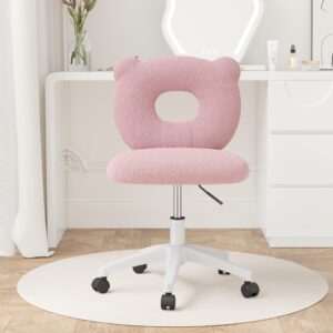 Nebuaegis Bear Kids Desk Chair with Wheels& Back, Adjustable Armless Child Study Chair, Cute Teddy Fabric Office Chair, Vanity Makeup Chair for Girl & Lady in Bedroom Reading Living Room,Pink