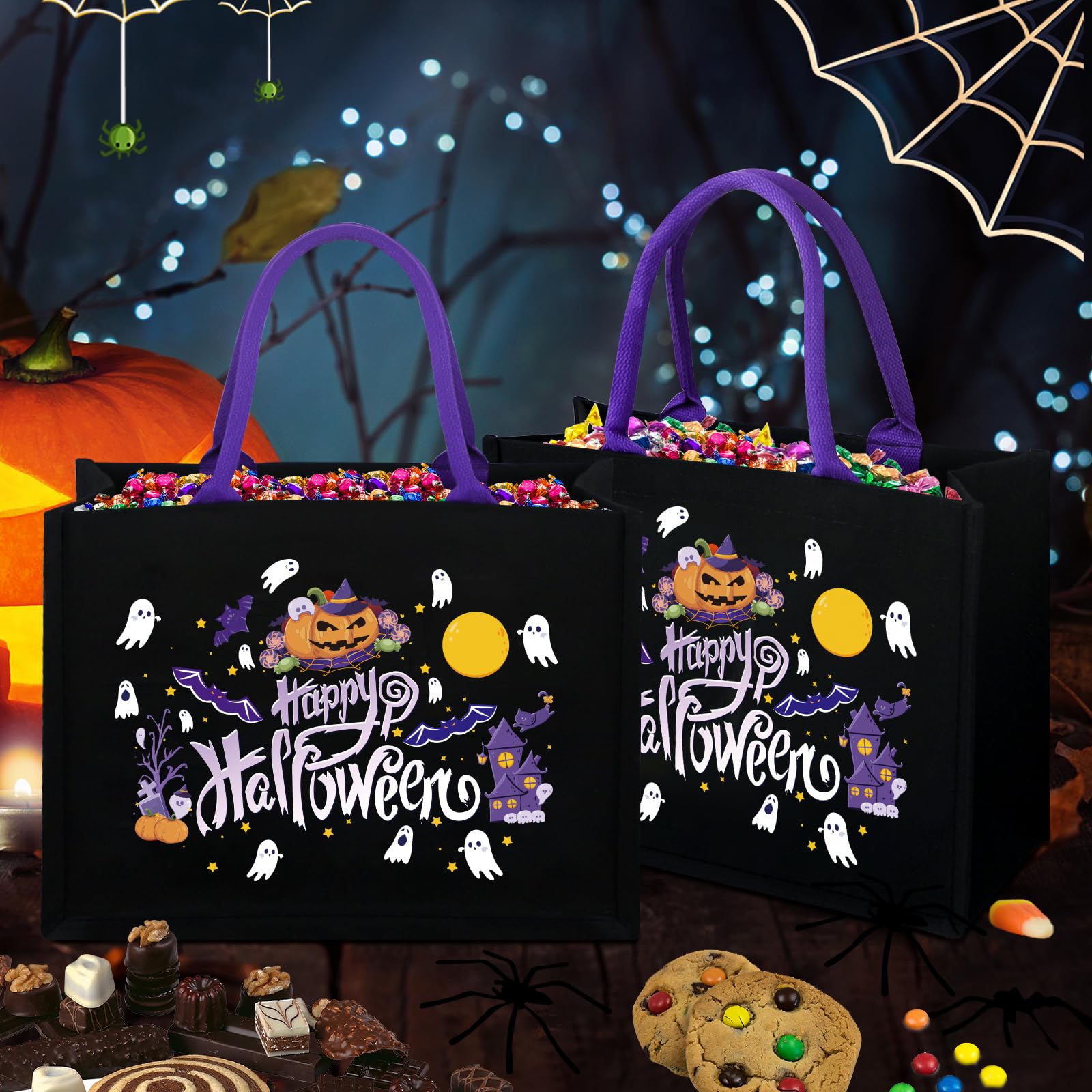 ERTIUANIO 14'' Halloween Trick or Treat Bags, Glow in The Dark Halloween Candy Tote Bag with Handle, Canvas Halloween Tote Bag, Reusable Halloween Bags for Trick or Treating, Halloween Party (2PCS