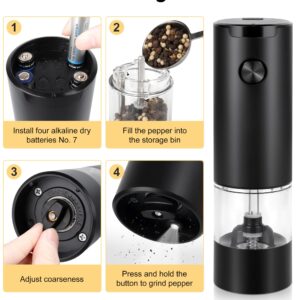 Electric Pepper Grinder or Salt Mill, Battery Powered Automatic Pepper Mill, Ceramic Grinder with Adjustable Coarseness, LED Light, and Salt Mill Refillable, One Hand Operation