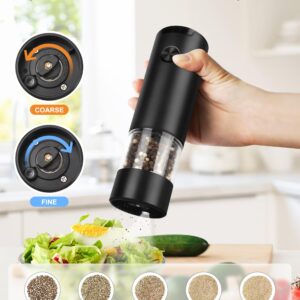 Electric Pepper Grinder or Salt Mill, Battery Powered Automatic Pepper Mill, Ceramic Grinder with Adjustable Coarseness, LED Light, and Salt Mill Refillable, One Hand Operation