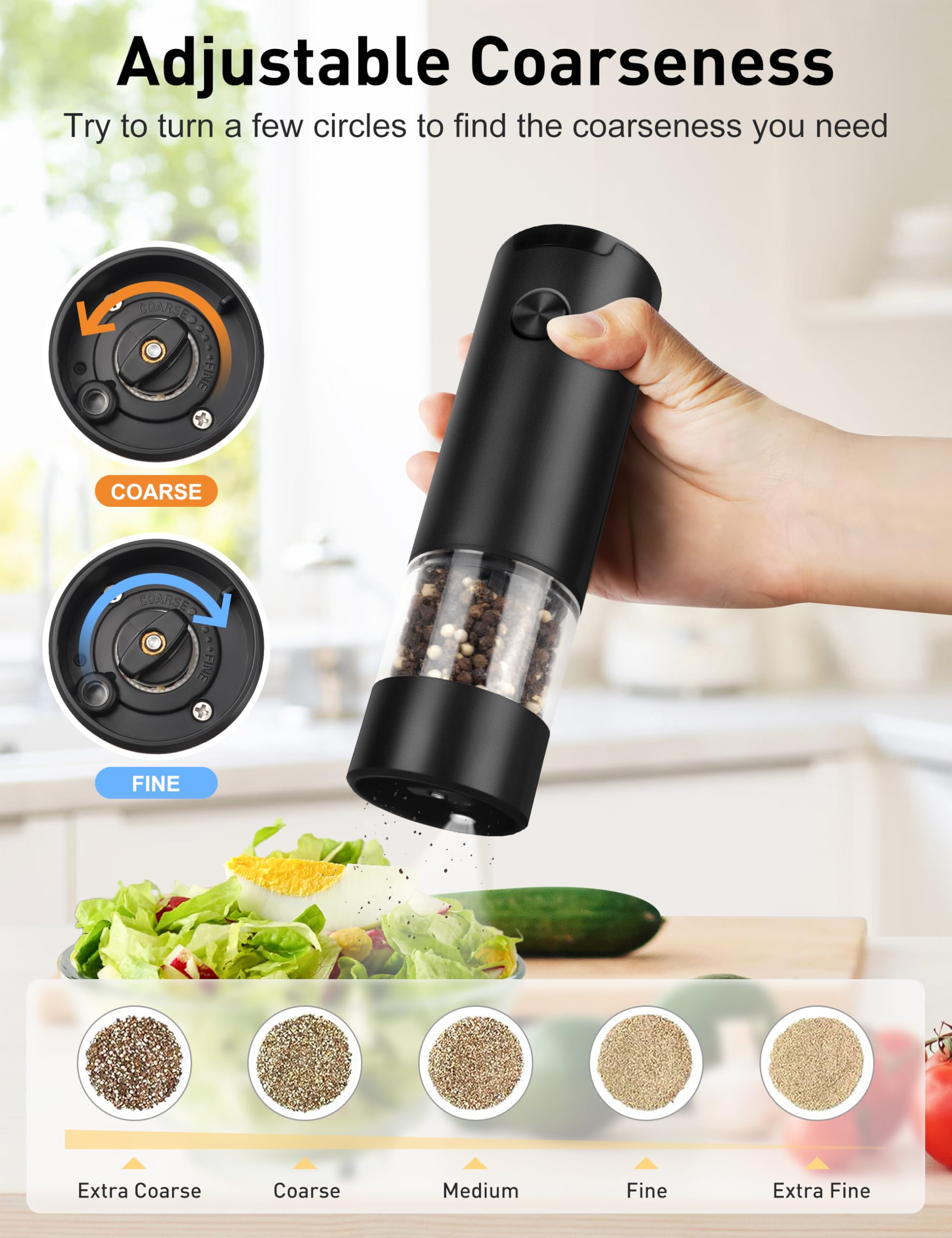 Electric Pepper Grinder or Salt Mill, Battery Powered Automatic Pepper Mill, Ceramic Grinder with Adjustable Coarseness, LED Light, and Salt Mill Refillable, One Hand Operation