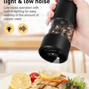 Electric Pepper Grinder or Salt Mill, Battery Powered Automatic Pepper Mill, Ceramic Grinder with Adjustable Coarseness, LED Light, and Salt Mill Refillable, One Hand Operation