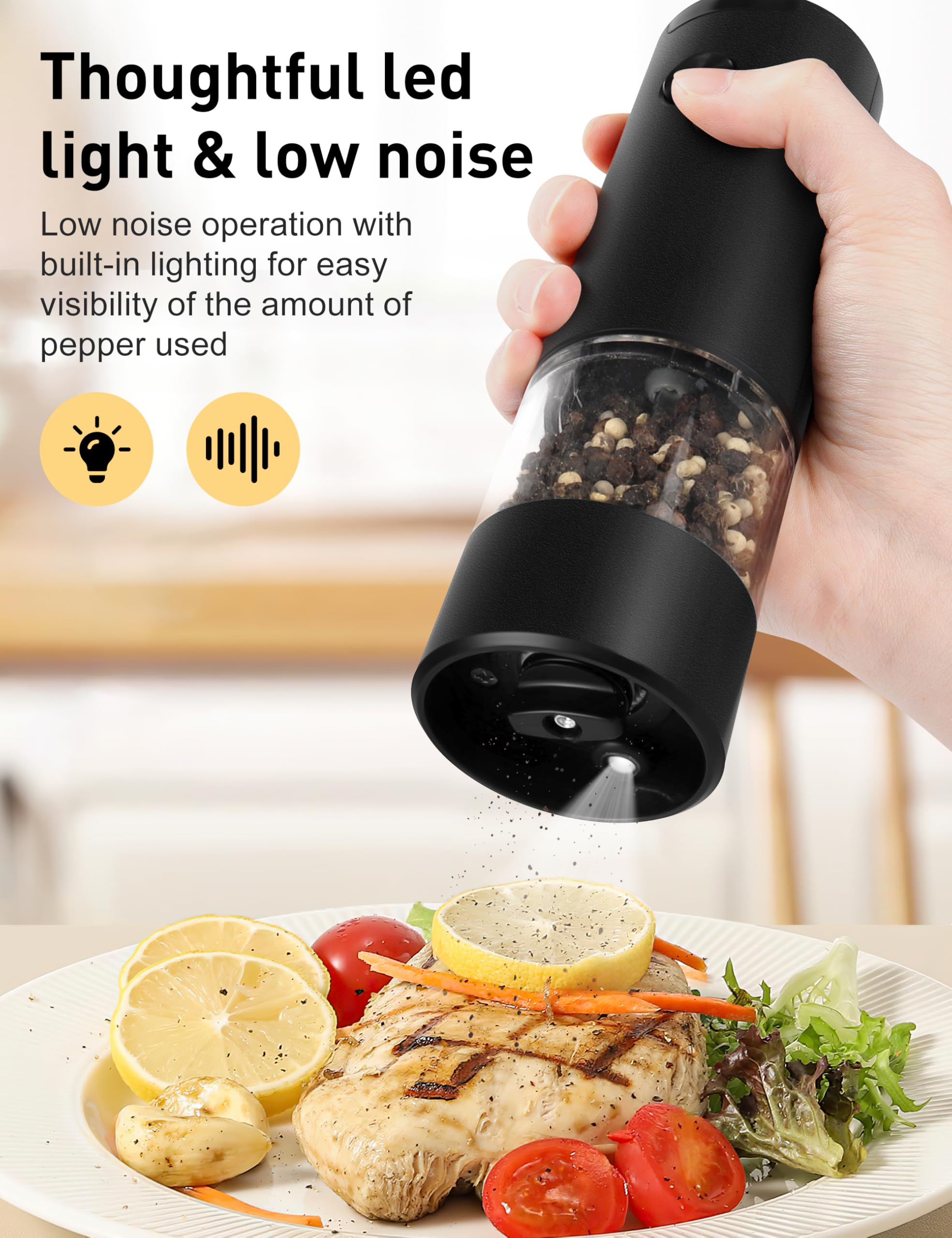 Electric Pepper Grinder or Salt Mill, Battery Powered Automatic Pepper Mill, Ceramic Grinder with Adjustable Coarseness, LED Light, and Salt Mill Refillable, One Hand Operation