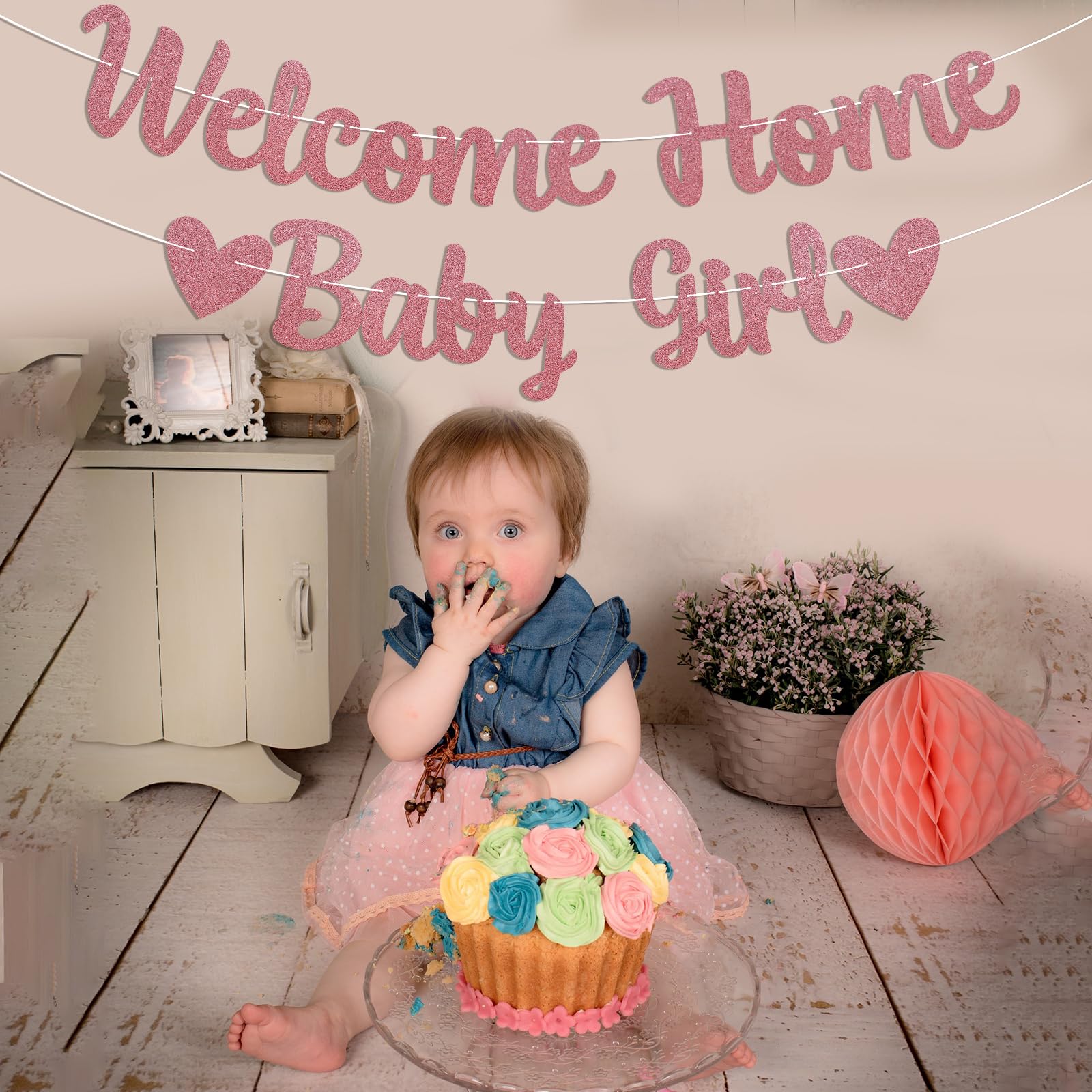 Welcome Home Baby Girl Banner - Pink Baby Shower Decorations for Girl, Gender Reveal Baby Shower Inside Outside Decoration Rose Gold Glitter