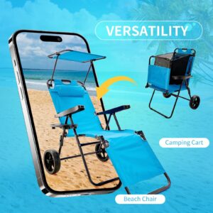 Slsy Beach Cart Chairs with Wheels, 2 in 1 Heavy Duty Beach Chair with Canopy Shade, Foldable Beach Lounge Chair with Integrated Wagon Pull Cart Combination, Perfect for Backyard, Pool or Picnic