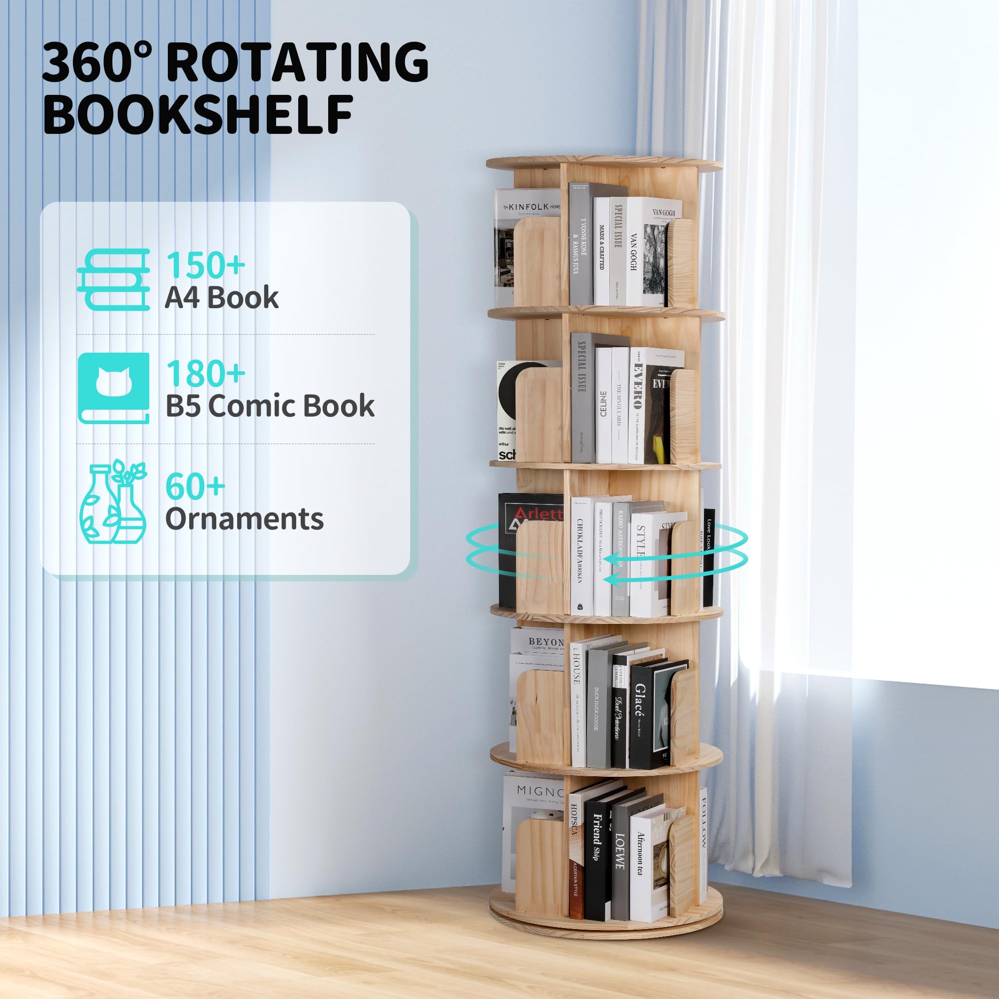 Rengue Rotating Bookshelf Tower, 5 Tiers Floor Standing Bookcase Storage Rack, 360 Display Round Spinning Bookshelf with Detachable Feet for Small Space, Bedroom, Living Room, Office