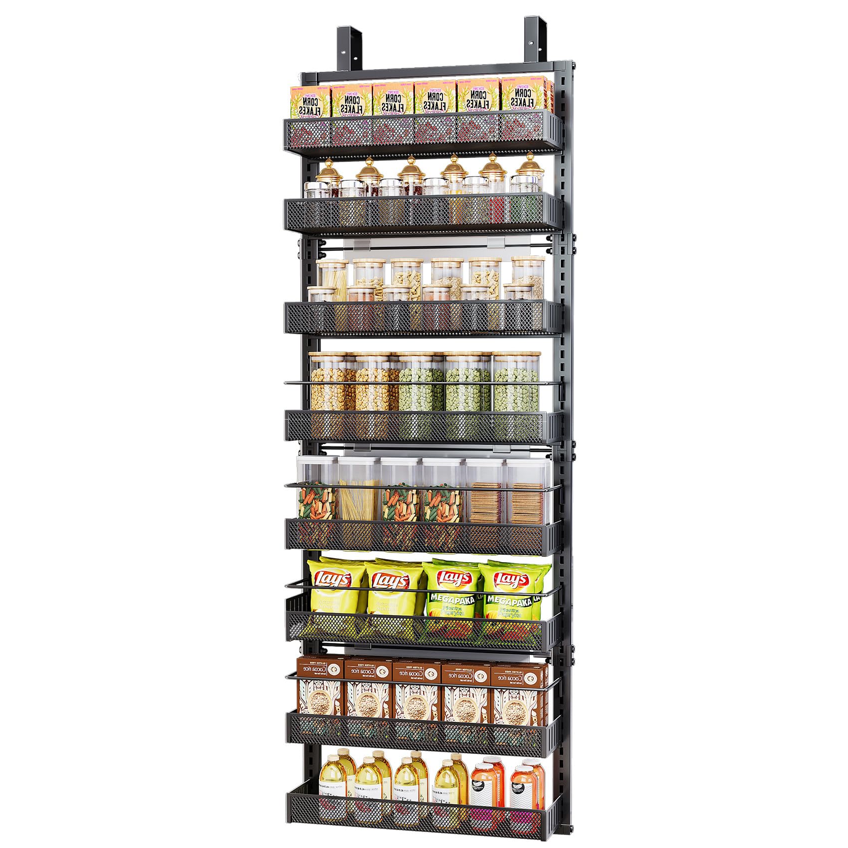 Over the Door Pantry Organizer - 8 Tier Adjustable Pantry Door Spice Organizer, Large Capacity Hanging Door Spice Rack for Kitchen Pantry Organizers and Storage (Black)