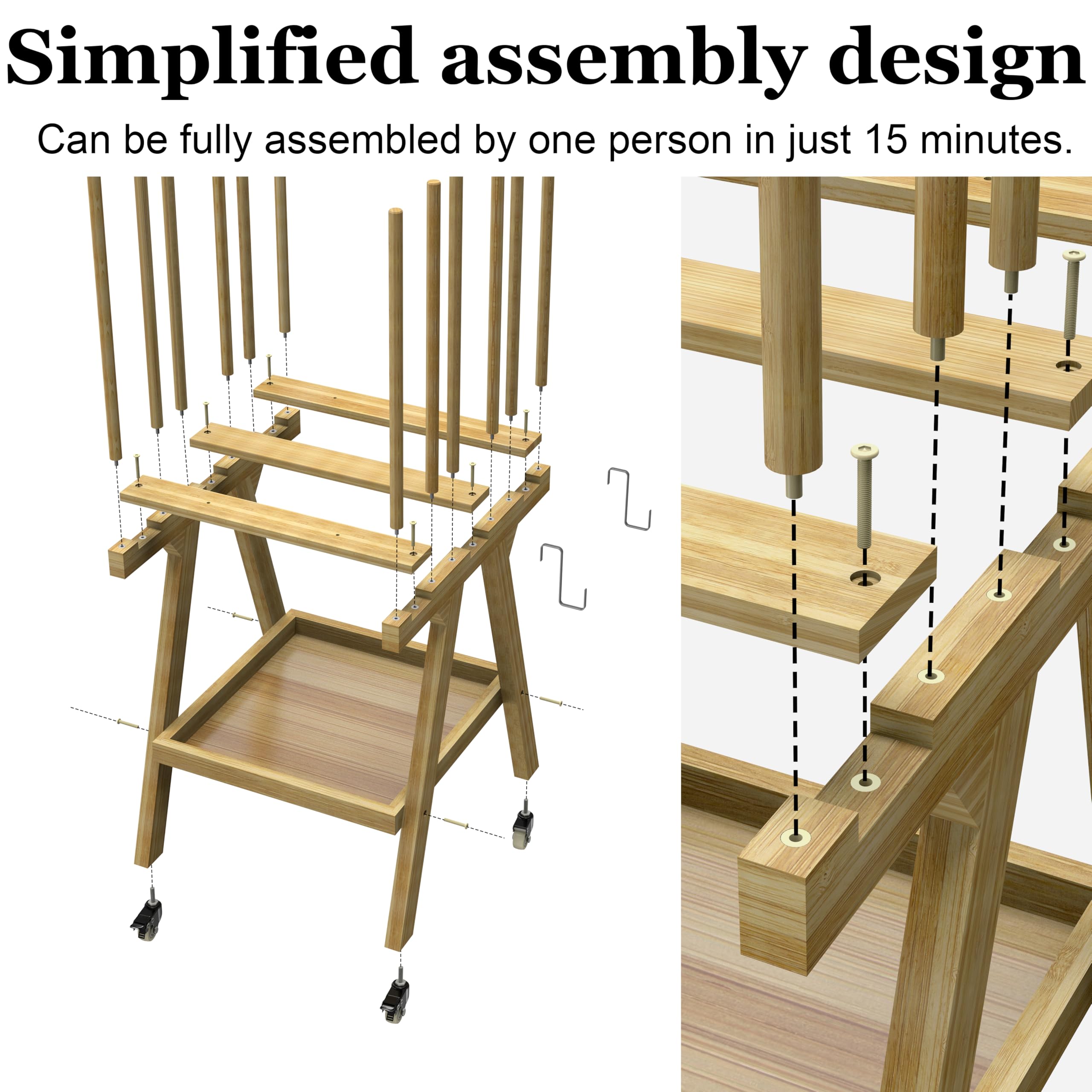 Art Storage Rack with Supply Storage Organizer on Wheels, Art Drying Rack, Artist Gallery Portable Display Rack for Posters, Artwork, Prints, Canvas, Panels (Bamboo, 20.7''W x 23.2''D x 47.7''H)