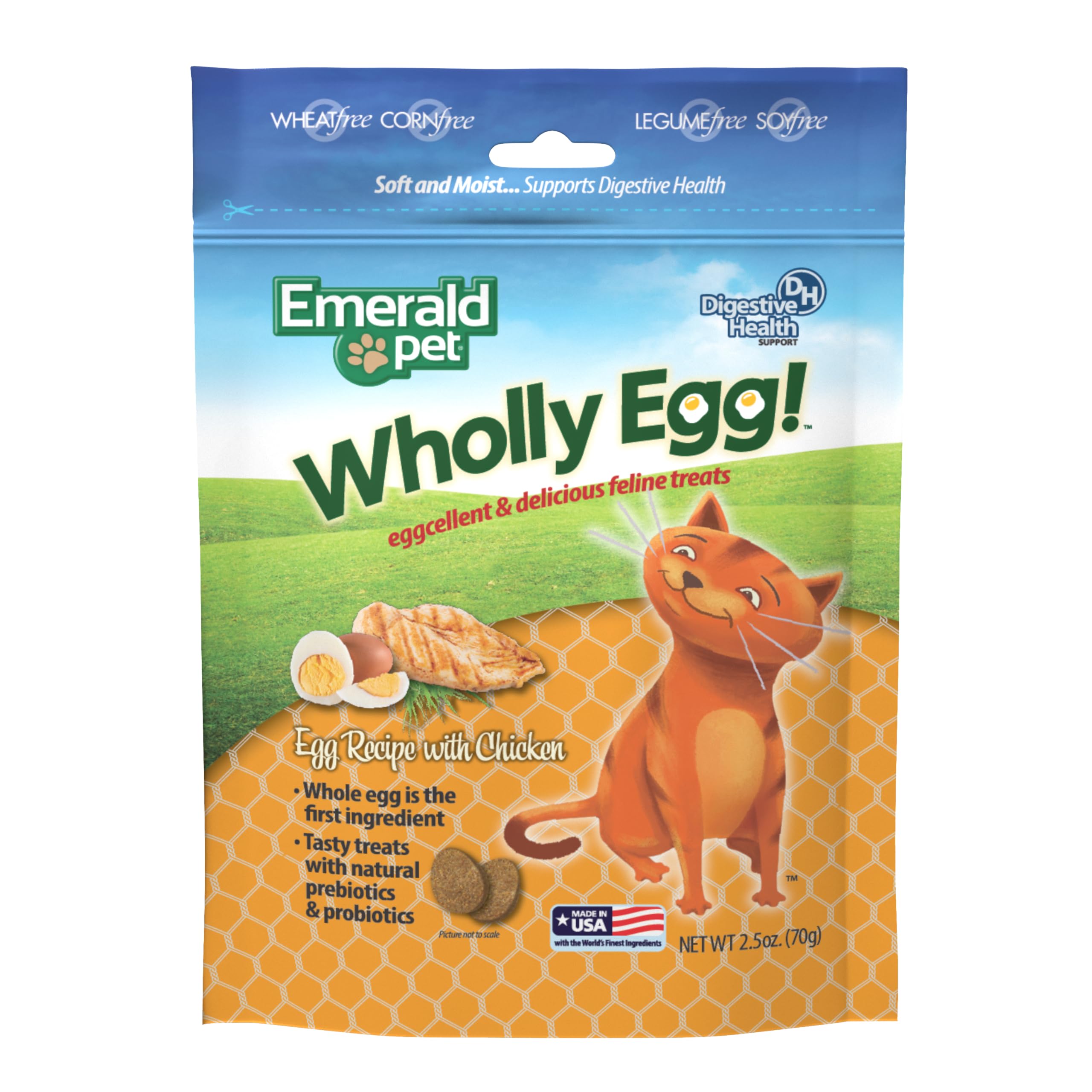 Emerald Pet Wholly Egg Digestive Health Cat Treats - Soft and Moist cat Treats for Healthy Digestion - Natural Prebiotics and Probiotics for cat Digestion - Chicken Treats, 2.5 oz