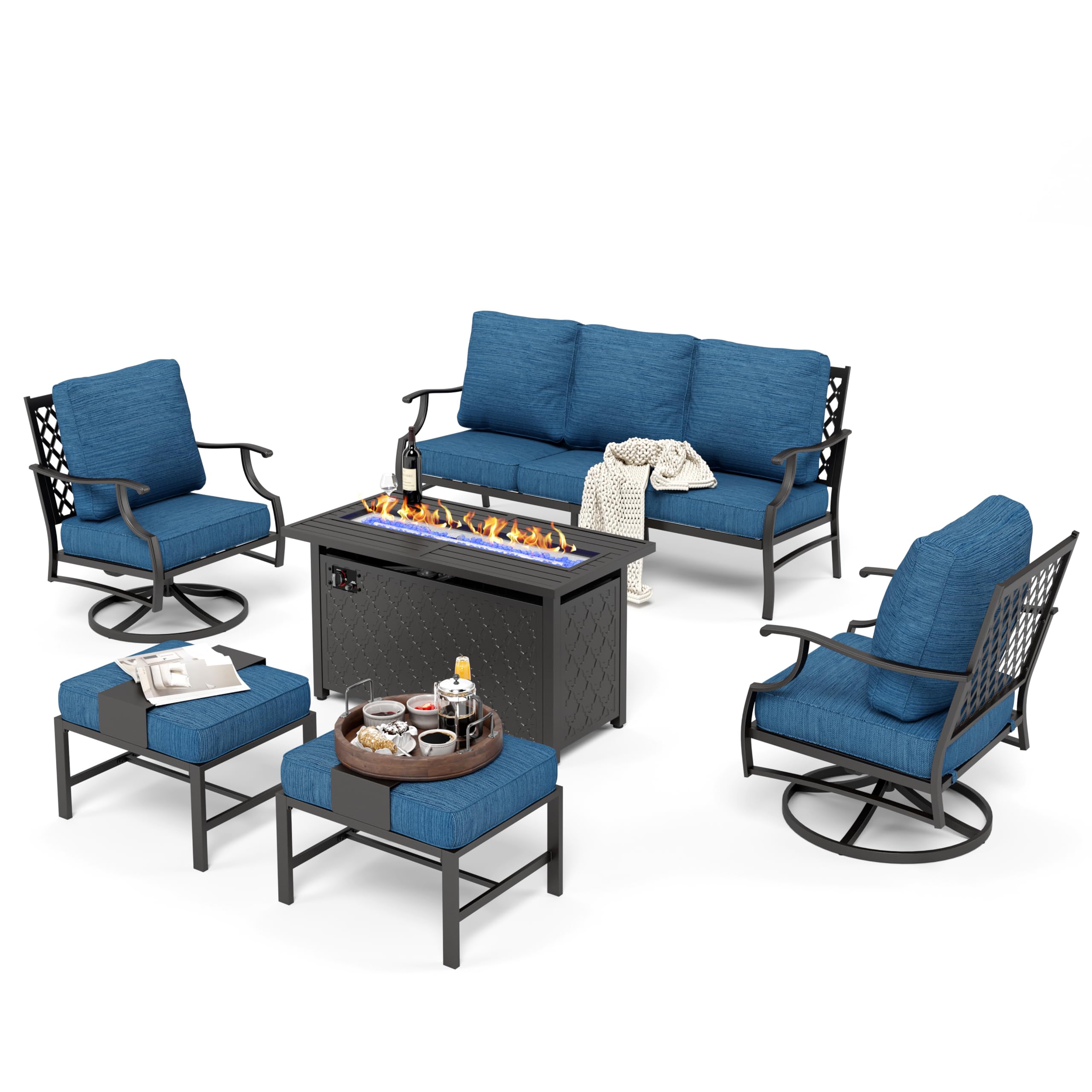 HERA'S HOUSE 6 Pieces Patio Furniture Set with Fire Pit Table, 2 x Swivel Chair, 2 x Ottoman, 3-Seat Sofa with 45" Fire Pit Table, Outdoor Conversation Set for Garden Poolside Backyard, Pacific Blue