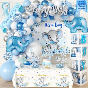 187 pc premium elephant baby shower decorations for boy - balloon garland arch, balloons boxes, baby boy banner, it's a boy backdrop, mommy to be sash, tablecloth, elephant cutouts and more