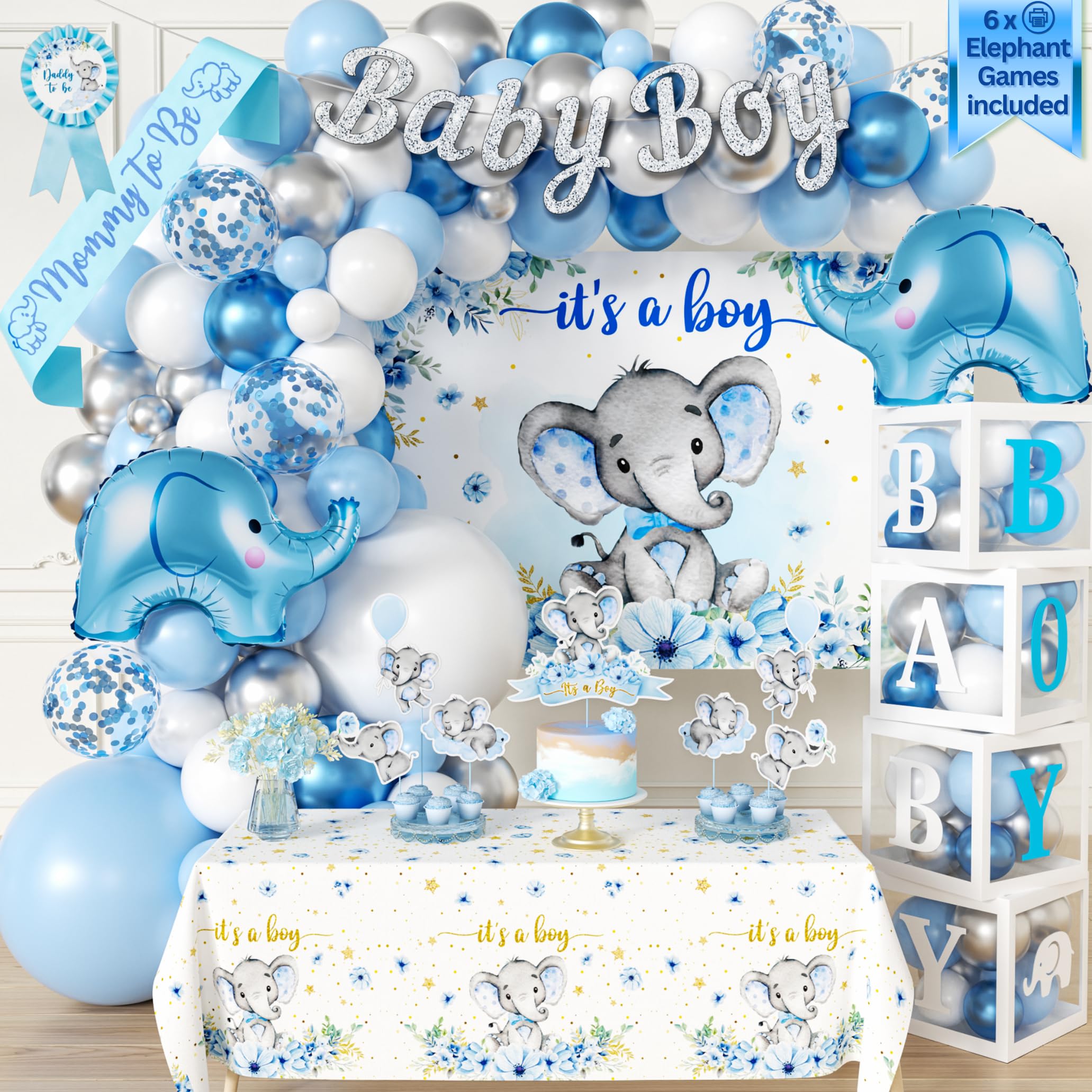 187 pc Premium Elephant Baby Shower Decorations for Boy - Balloon Garland Arch, Balloons Boxes, Baby Boy Banner, It's a Boy Backdrop, Mommy to Be Sash, Tablecloth, Elephant Cutouts and more