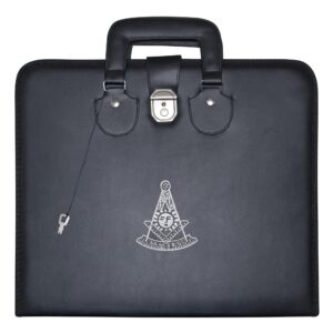 masonic past master apron case – machine embroidered (black leather), mm provincial size | freemason carrying bags (silver emblem)