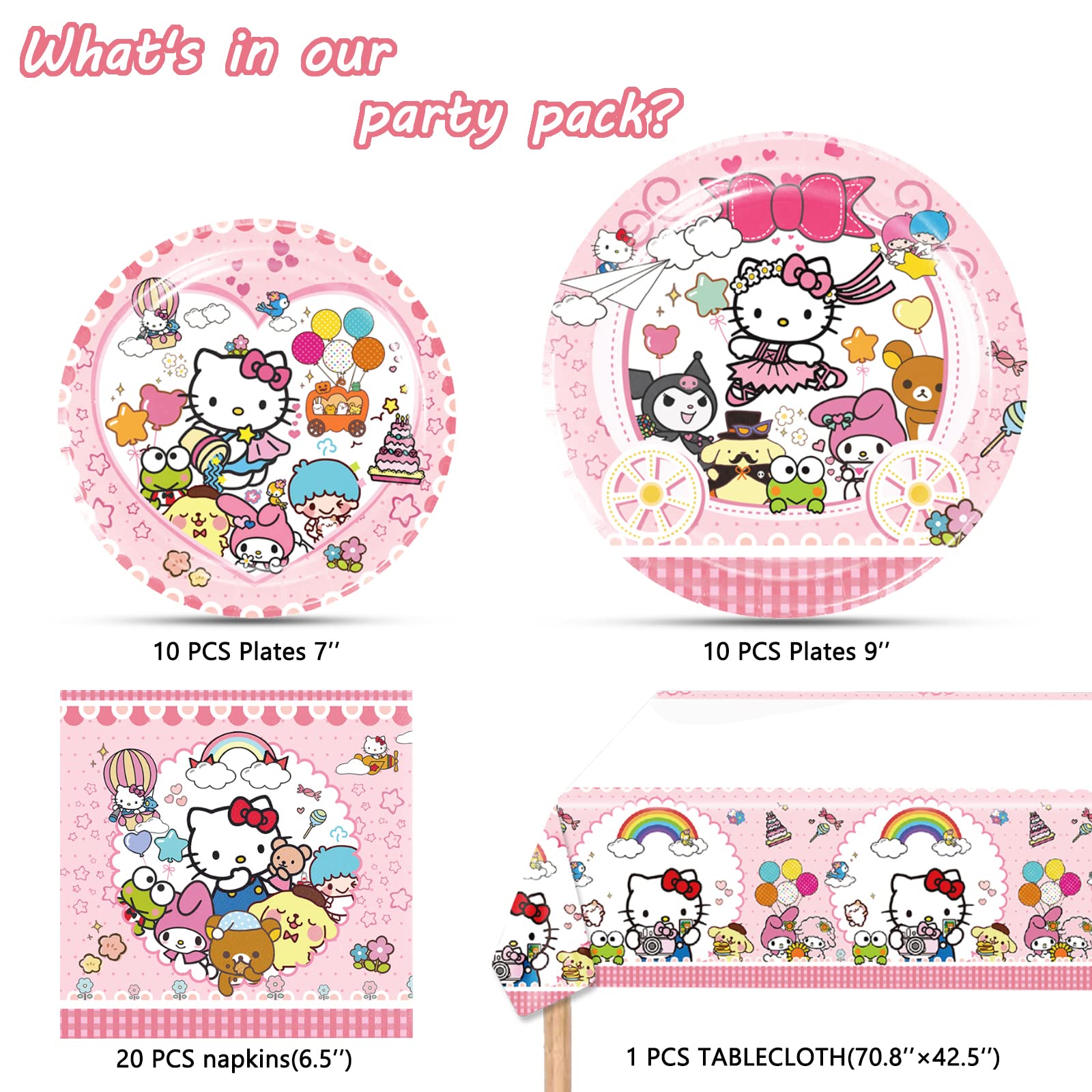 Kitty Birthday Party Supplies, 20 Plates, 20 Napkins and 1 Tablecover for Girls Kitty Party Decorations