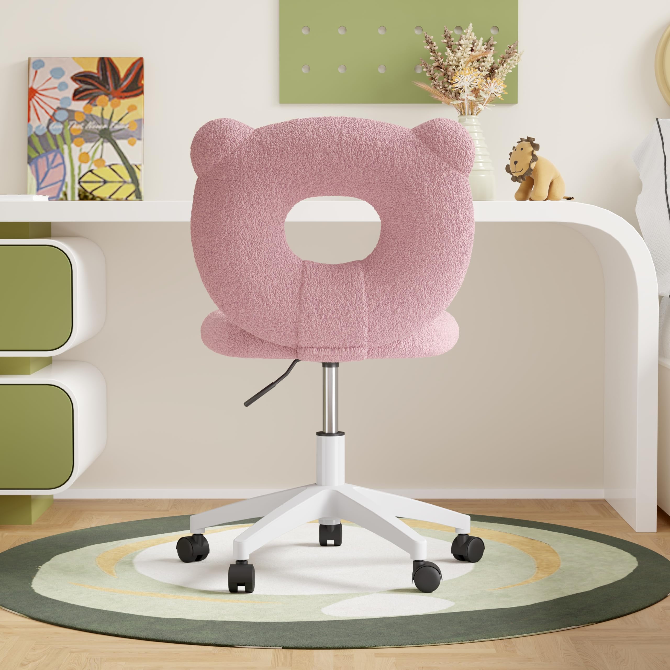 Nebuaegis Bear Kids Desk Chair with Wheels& Back, Adjustable Armless Child Study Chair, Cute Teddy Fabric Office Chair, Vanity Makeup Chair for Girl & Lady in Bedroom Reading Living Room,Pink