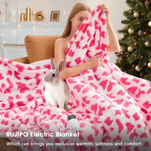 Pink Heated Blanket Electric Throw, 50x60 Heating Blanket, Strawberry Cow Print Rabbit Faux Fur Blanket with 10 Heating Levels, Soft Cozy Sherpa Winter Blanket, Plush Warming Gift for Cute Girls